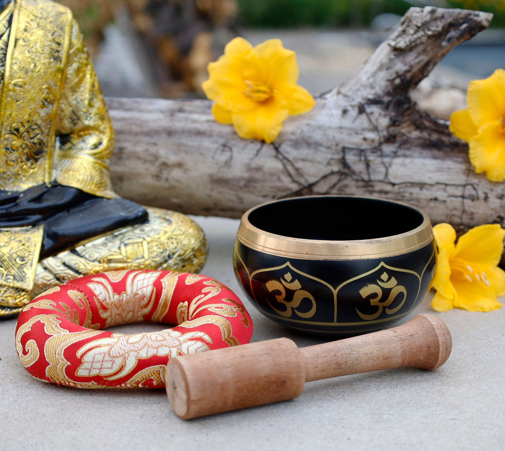Tibetan OM Singing Bowl Set 4" | Meditation Bowl with Rosewood Mallet & Brocade Cushion for Chakra Healing, Yoga & Prayer - DharmaObjects