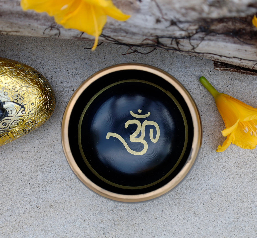 Tibetan OM Singing Bowl Set 4" | Meditation Bowl with Rosewood Mallet & Brocade Cushion for Chakra Healing, Yoga & Prayer - DharmaObjects