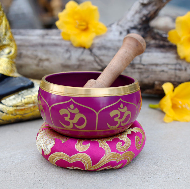Tibetan OM Singing Bowl Complete Set ~ With Mallet & Brocade Cushion ~ For Meditation, Chakra Healing, Prayer, Yoga