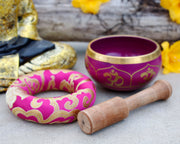Tibetan OM Singing Bowl Complete Set ~ With Mallet & Brocade Cushion ~ For Meditation, Chakra Healing, Prayer, Yoga