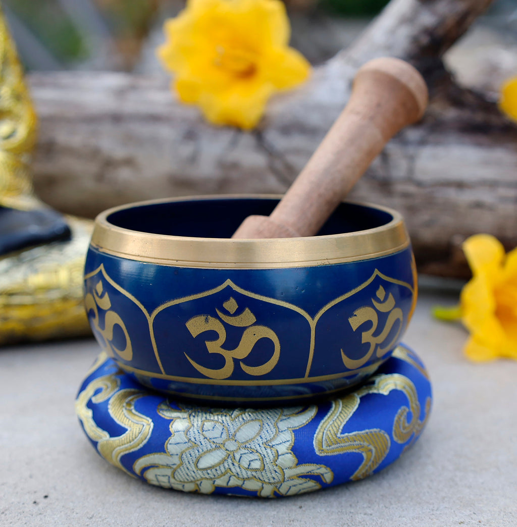 Tibetan OM Singing Bowl Set 4" | Meditation Bowl with Rosewood Mallet & Brocade Cushion for Chakra Healing, Yoga & Prayer - DharmaObjects