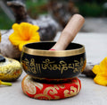 Tibetan Singing Bowl Om Mani ~ With Mallet And Brocade Cushion ~ For Mindfulness Meditation, Chakra Healing, Yoga (Medium) - DharmaObjects