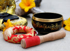 Tibetan Singing Bowl Om Mani ~ With Mallet And Brocade Cushion ~ For Mindfulness Meditation, Chakra Healing, Yoga (Medium) - DharmaObjects