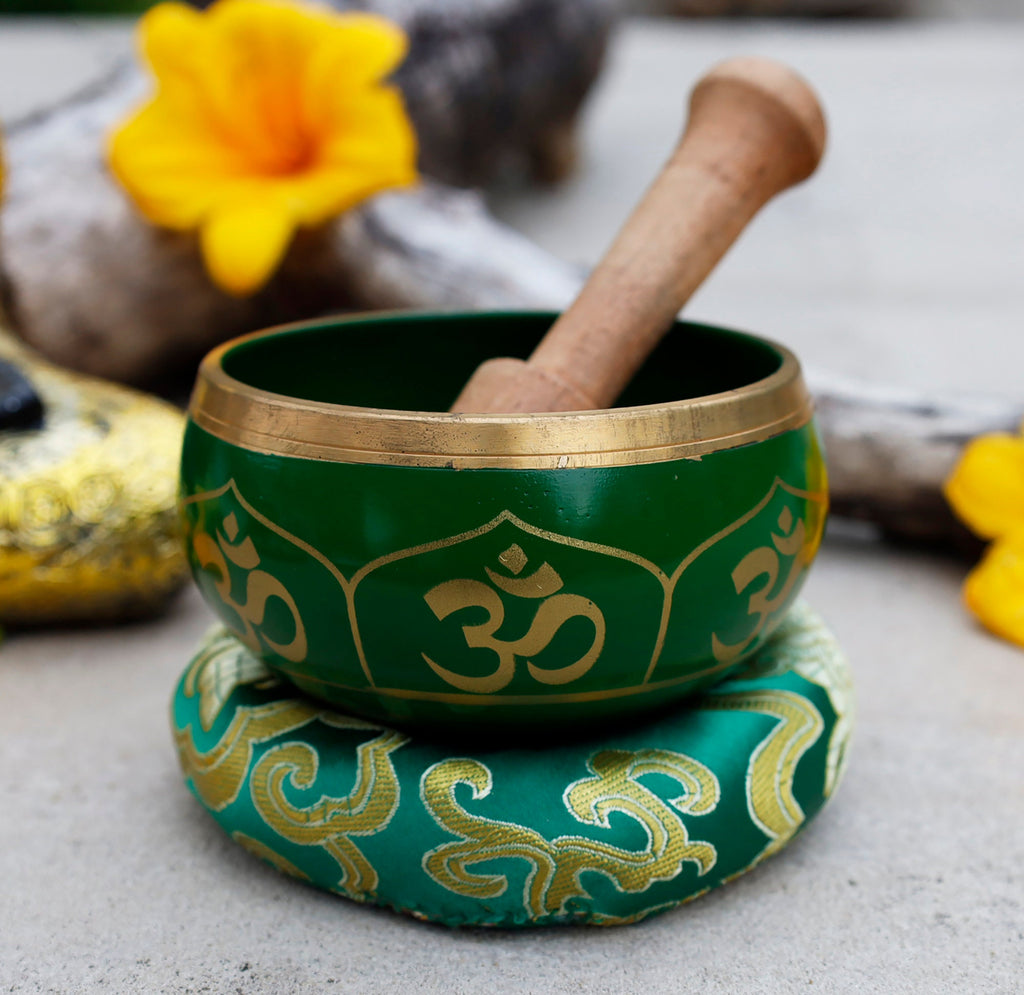 Tibetan OM Singing Bowl Set 4" | Meditation Bowl with Rosewood Mallet & Brocade Cushion for Chakra Healing, Yoga & Prayer - DharmaObjects