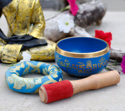 Tibetan Singing Bowl Om Mani ~ With Mallet And Brocade Cushion ~ For Mindfulness Meditation, Chakra Healing, Yoga (Medium)