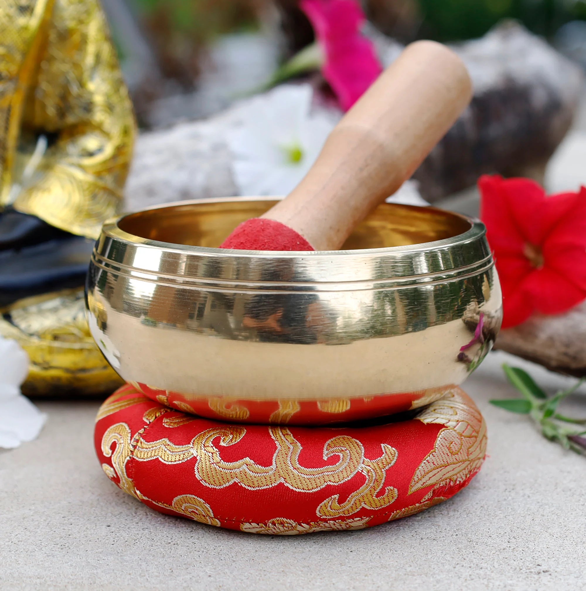 Tibetan Singing Bowl Complete Set 5 Buddhas ~ With Mallet, Brocade Cushion & Carry Bag ~ For Meditation, Chakra Healing, Prayer, Yoga