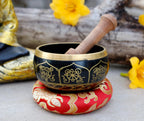 Tibetan 8 Lucky Symbols Singing Bowl Set 4" | Meditation Bowl with Rosewood Mallet & Brocade Cushion for Chakra Healing, Prayer & Yoga - DharmaObjects