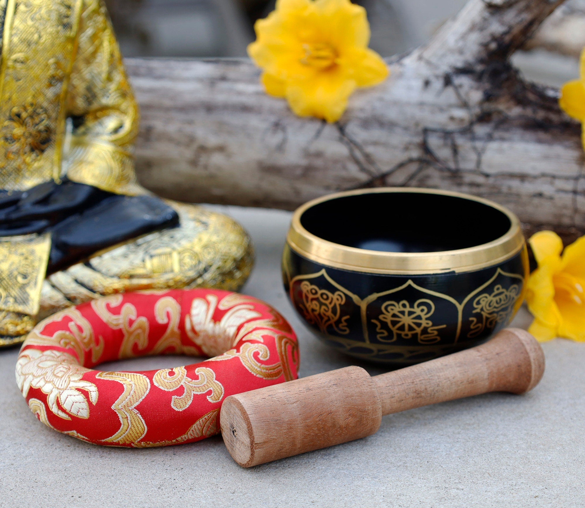 Tibetan 8 Lucky Symbols Singing Bowl Set 4" | Meditation Bowl with Rosewood Mallet & Brocade Cushion for Chakra Healing, Prayer & Yoga - DharmaObjects