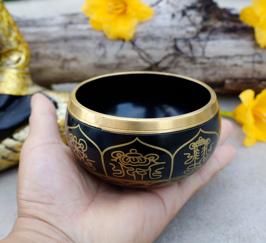 Tibetan 8 Lucky Symbols Singing Bowl Set 4" | Meditation Bowl with Rosewood Mallet & Brocade Cushion for Chakra Healing, Prayer & Yoga - DharmaObjects