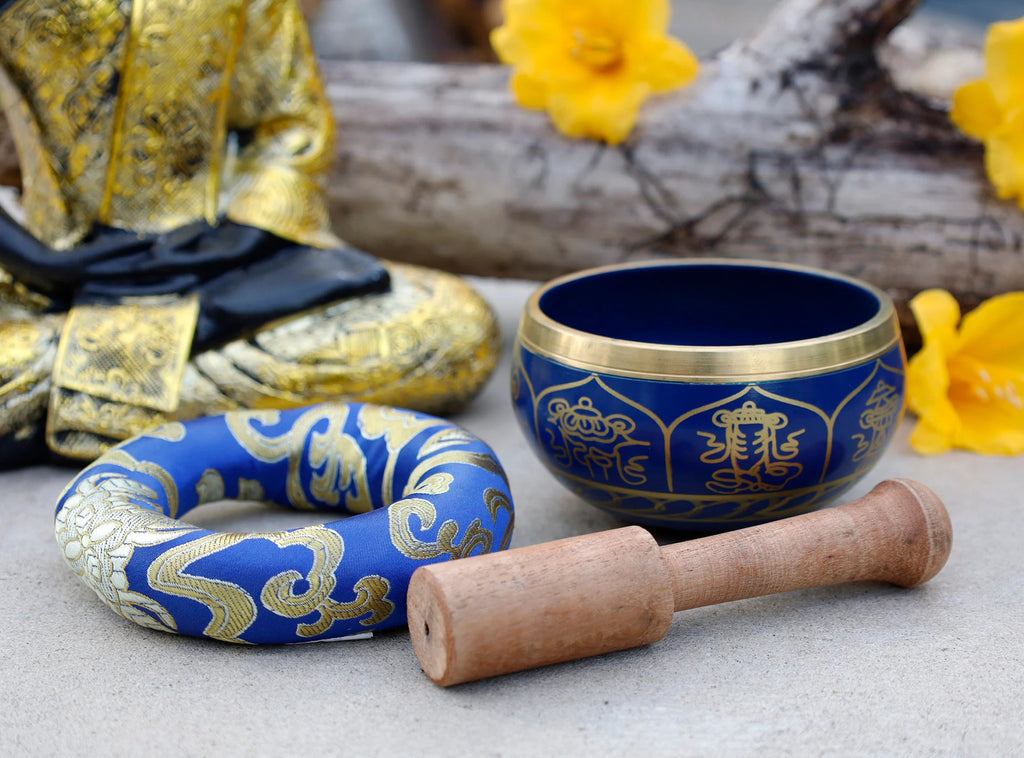 Tibetan 8 Lucky Symbols Singing Bowl Set 4" | Meditation Bowl with Rosewood Mallet & Brocade Cushion for Chakra Healing, Prayer & Yoga - DharmaObjects