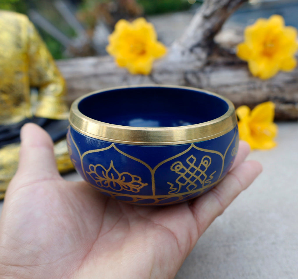 Tibetan 8 Lucky Symbols Singing Bowl Set 4" | Meditation Bowl with Rosewood Mallet & Brocade Cushion for Chakra Healing, Prayer & Yoga - DharmaObjects