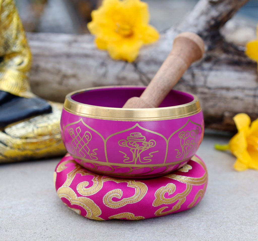 Tibetan 8 Lucky Symbols Singing Bowl Set 4" | Buddhist Meditation Bowl with Rosewood Mallet & Cushion for Yoga, Prayer & Chakra Healing - DharmaObjects