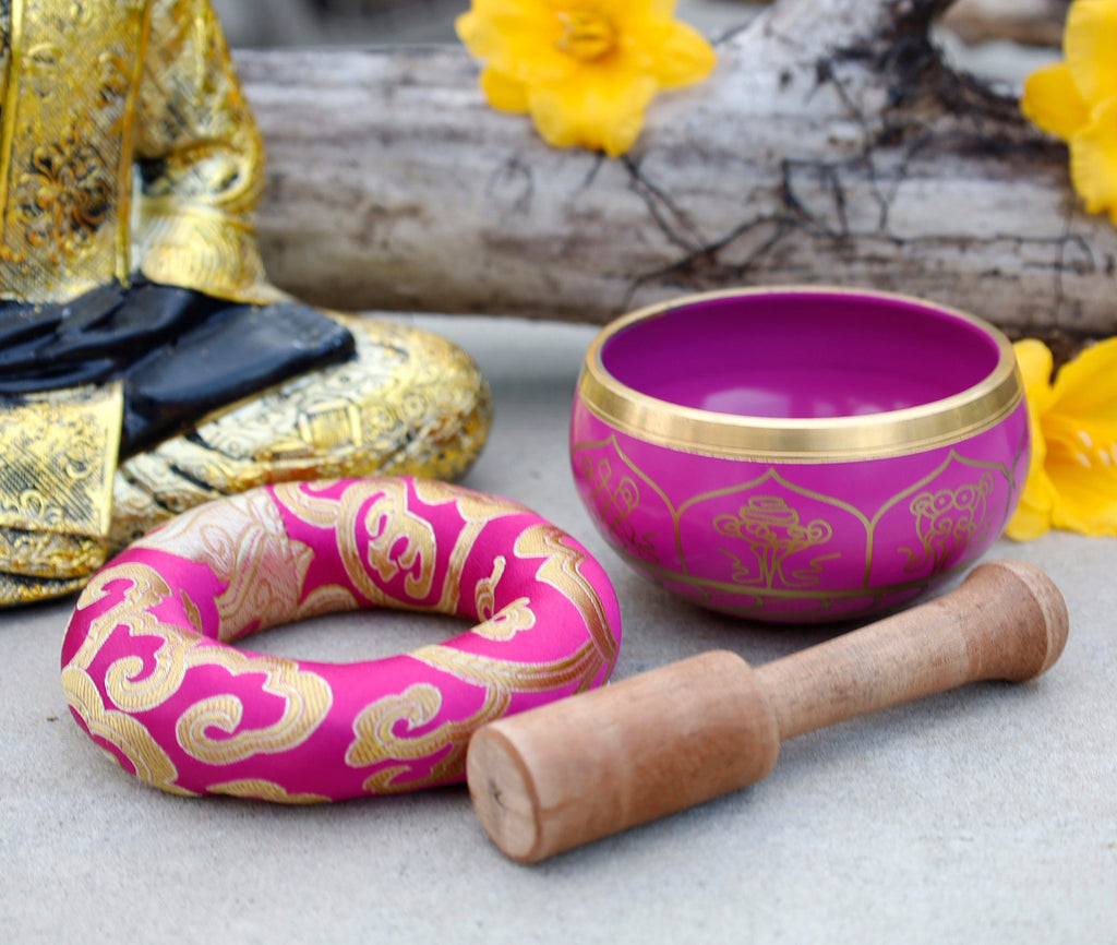Tibetan 8 Lucky Symbols Singing Bowl Set 4" | Buddhist Meditation Bowl with Rosewood Mallet & Cushion for Yoga, Prayer & Chakra Healing - DharmaObjects