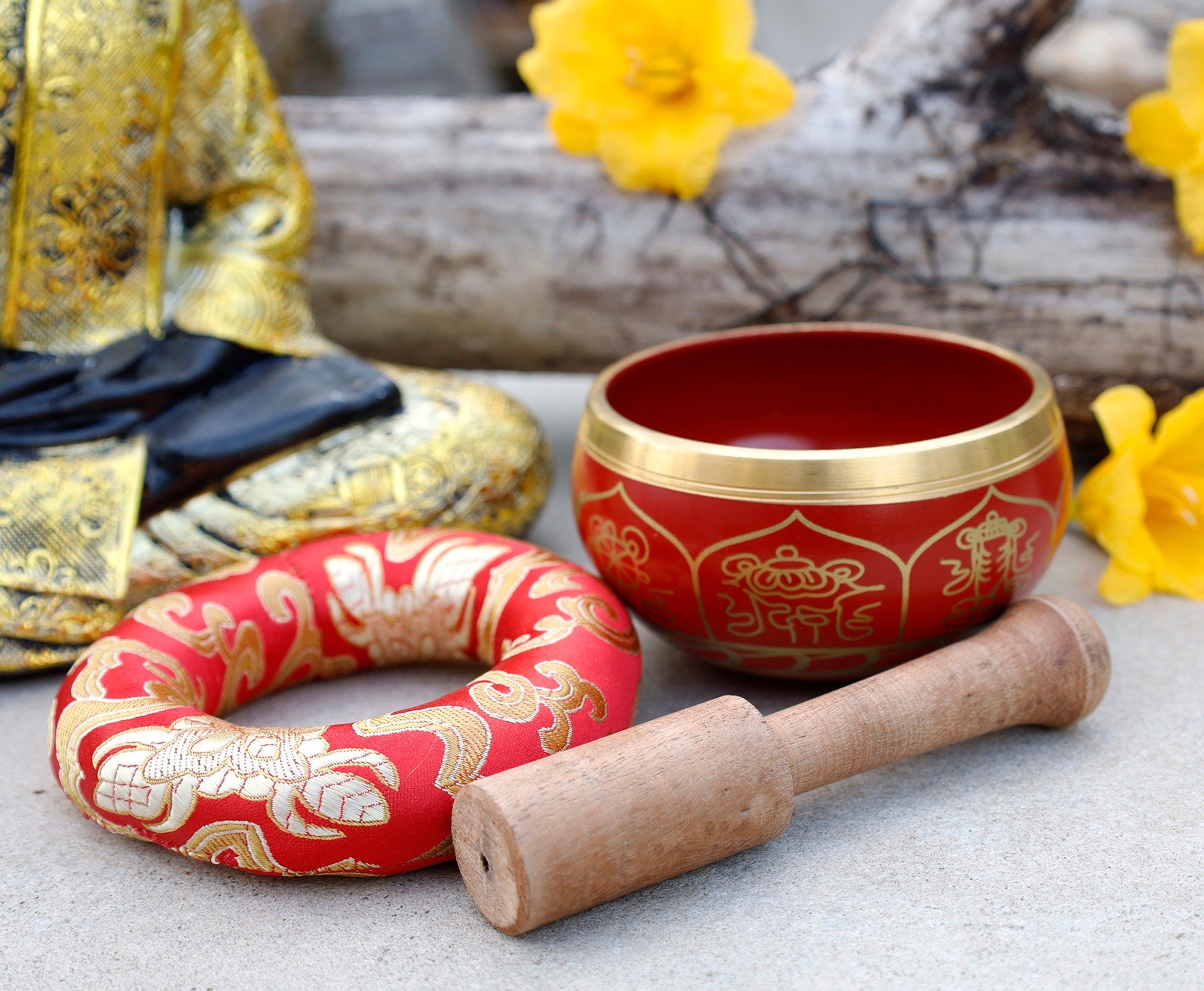 Tibetan 8 Lucky Symbols Singing Bowl Set 4" | Buddhist Meditation Bowl with Rosewood Mallet & Cushion for Yoga, Prayer & Chakra Healing - DharmaObjects