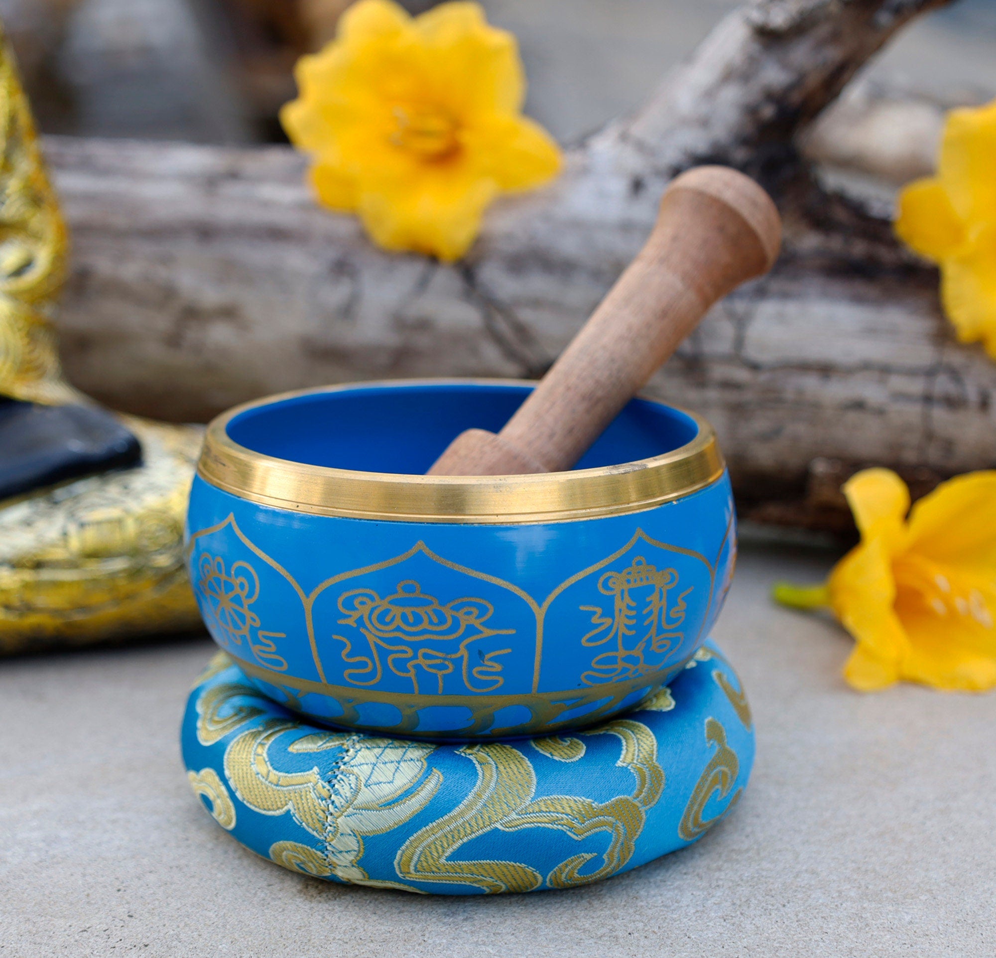 Tibetan 8 Lucky Symbols Singing Bowl Set 4" | Buddhist Meditation Bowl with Rosewood Mallet & Cushion for Yoga, Prayer & Chakra Healing - DharmaObjects