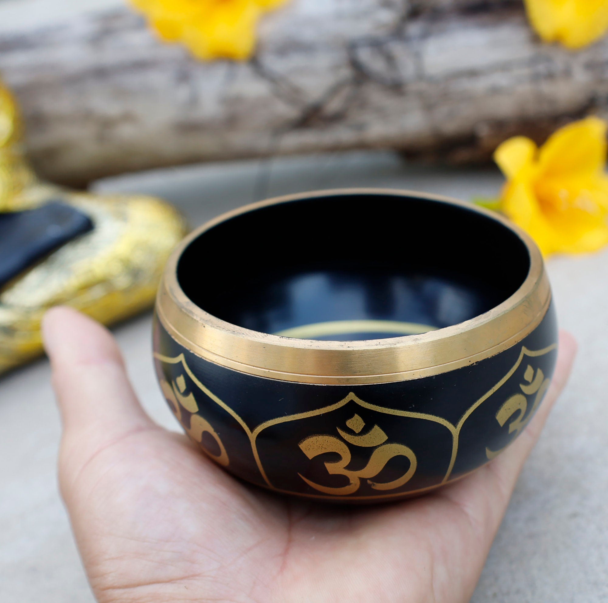Tibetan OM Singing Bowl Set 4" | Meditation Bowl with Rosewood Mallet & Brocade Cushion for Chakra Healing, Yoga & Prayer - DharmaObjects