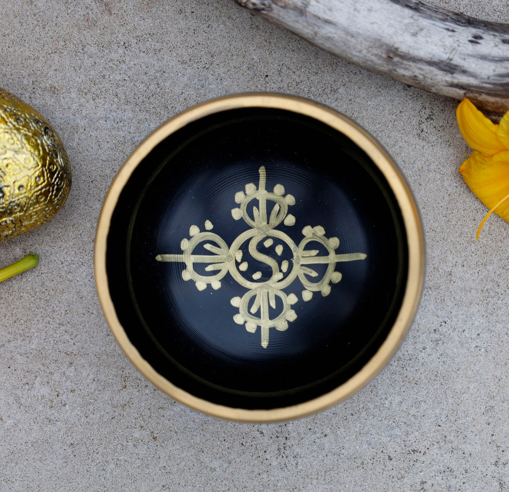 Tibetan Singing Bowl Om Mani ~ With Mallet And Brocade Cushion ~ For Mindfulness Meditation, Chakra Healing, Yoga (Medium) - DharmaObjects