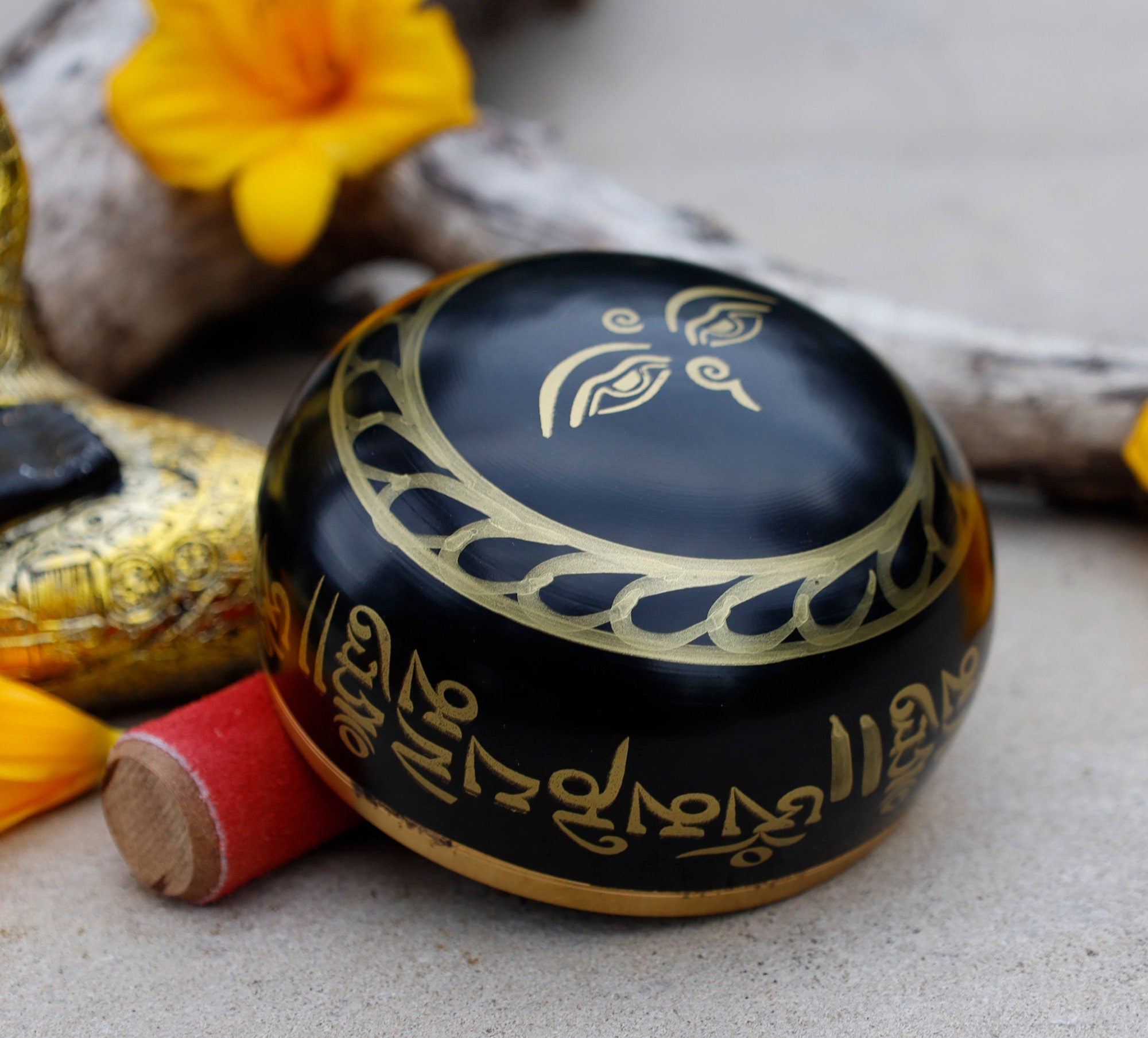 Tibetan Singing Bowl Om Mani ~ With Mallet And Brocade Cushion ~ For Mindfulness Meditation, Chakra Healing, Yoga (Medium) - DharmaObjects
