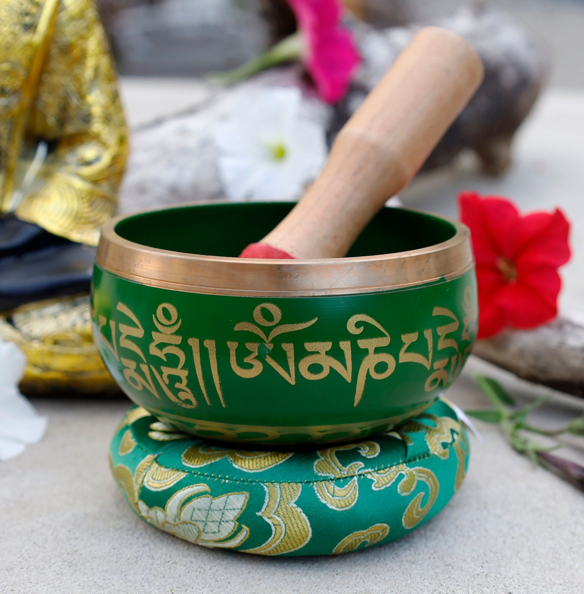 Tibetan Singing Bowl Om Mani ~ With Mallet And Brocade Cushion ~ For Mindfulness Meditation, Chakra Healing, Yoga (Medium) - DharmaObjects
