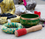 Tibetan Singing Bowl Om Mani ~ With Mallet And Brocade Cushion ~ For Mindfulness Meditation, Chakra Healing, Yoga (Medium) - DharmaObjects