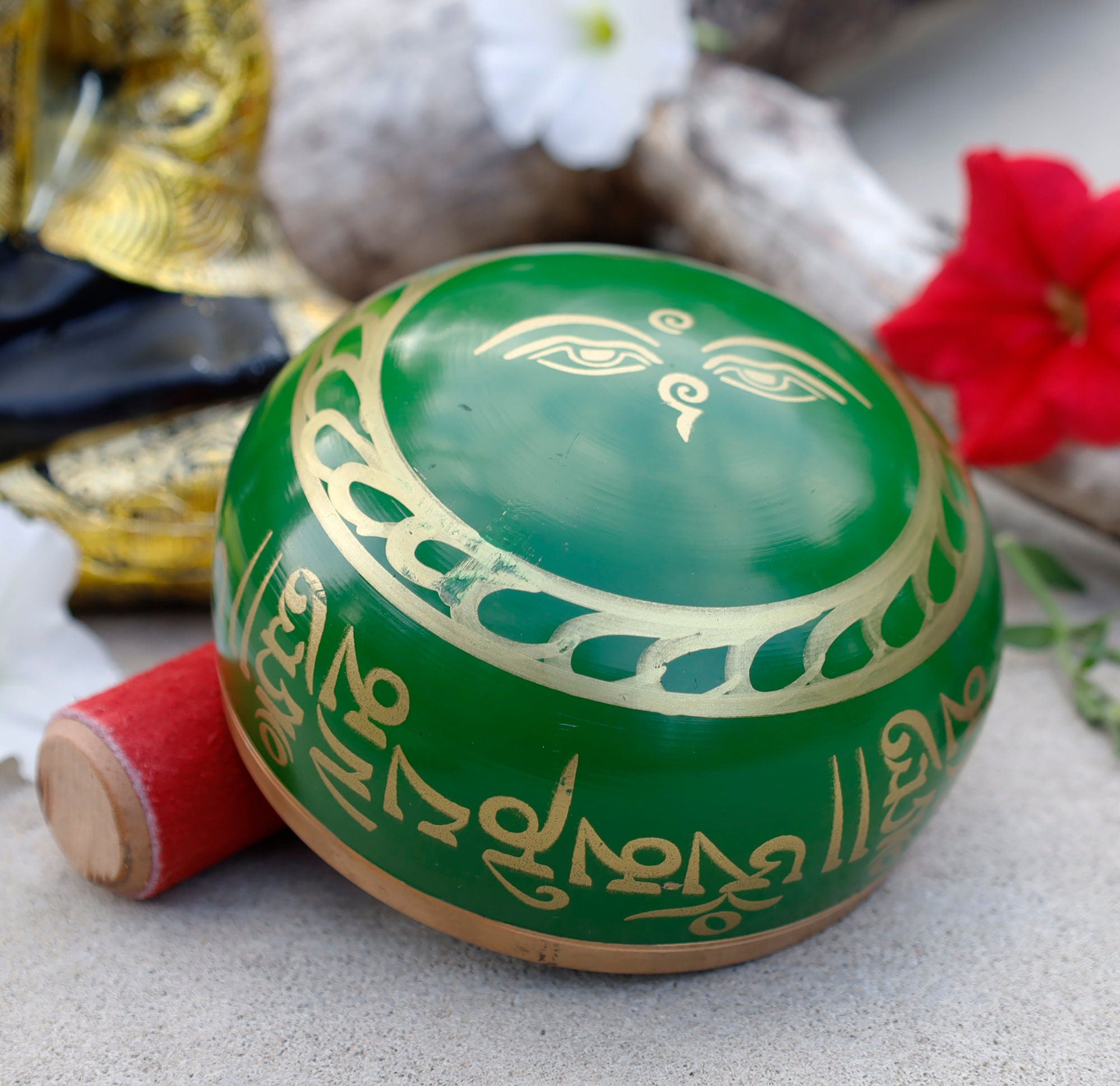 Tibetan Singing Bowl Om Mani ~ With Mallet And Brocade Cushion ~ For Mindfulness Meditation, Chakra Healing, Yoga (Medium) - DharmaObjects