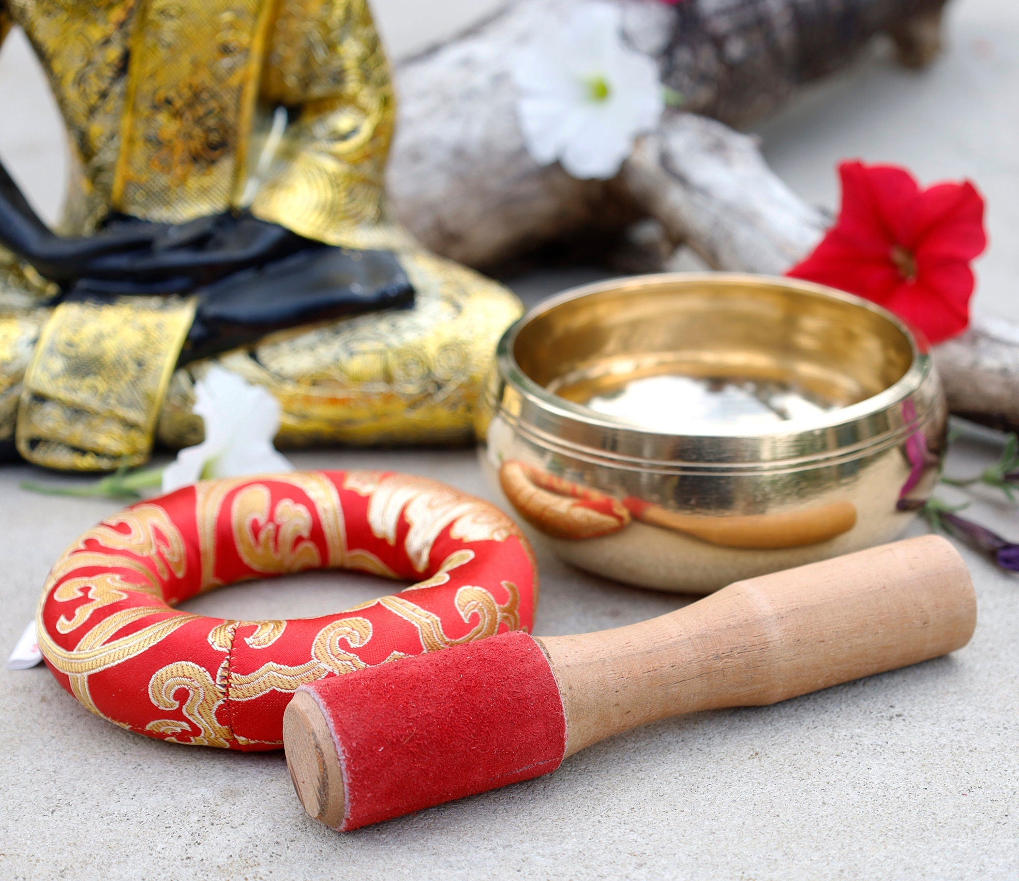 Tibetan Singing Bowl Complete Set 5 Buddhas ~ With Mallet, Brocade Cushion & Carry Bag ~ For Meditation, Chakra Healing, Prayer, Yoga