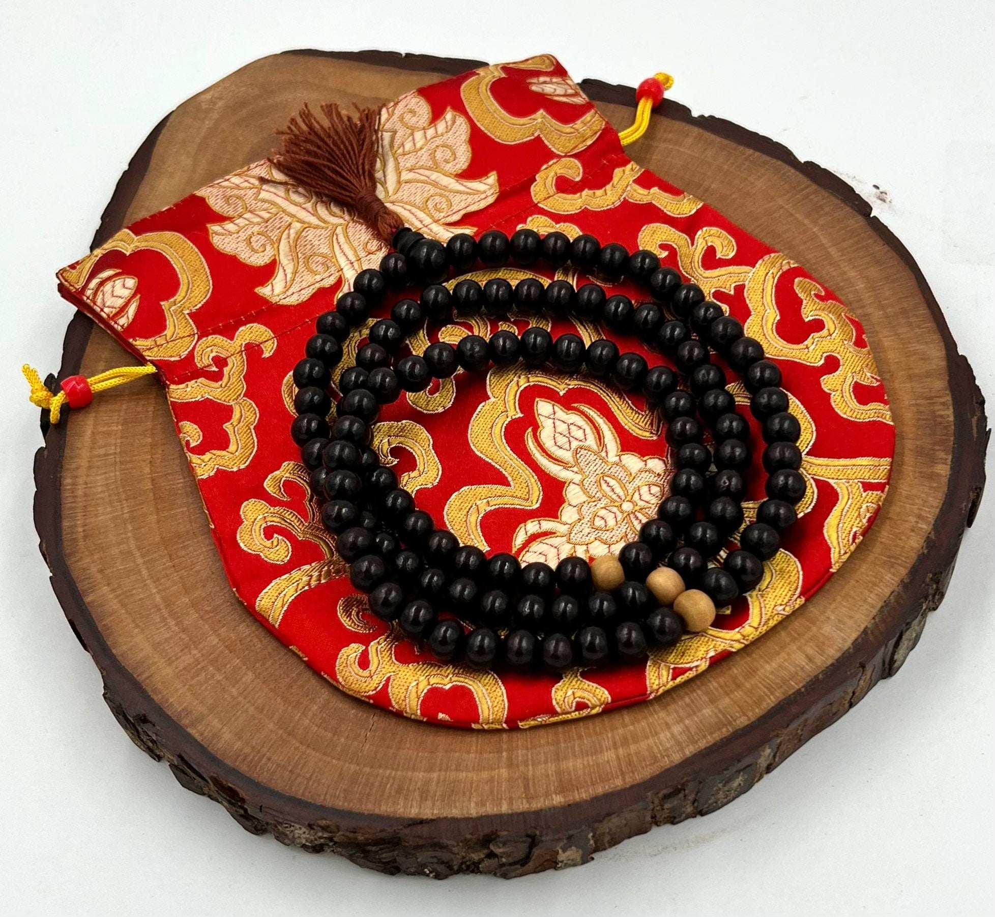 Tibetan Buddhist Genuine Sandal Wood Mala / Rosary 108 Beads / Free Silk Pouch - DharmaObjects