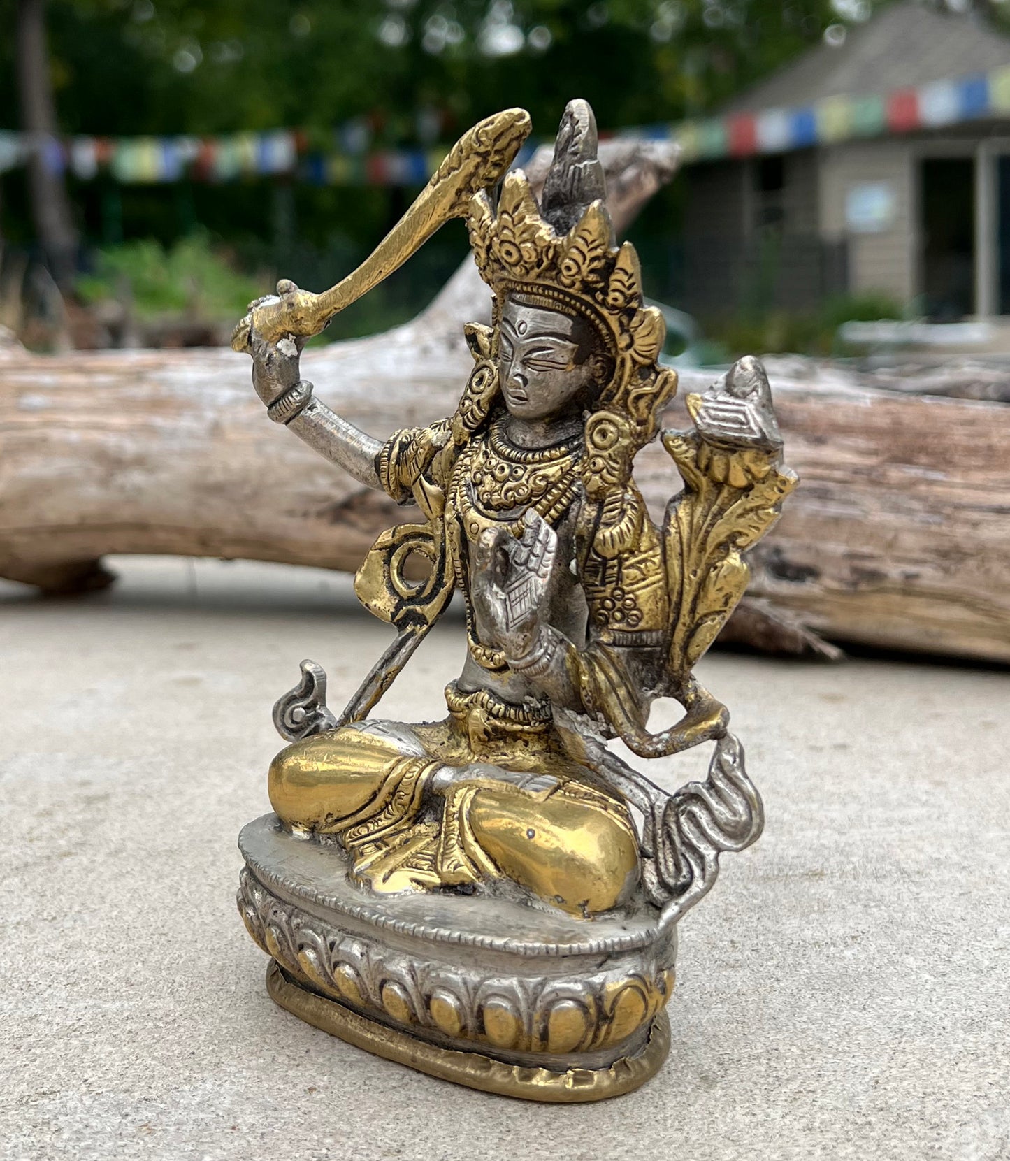 Buddha Manjushri Statue 2 Tone Solid Brass for Home Altar Shrine Meditation Room 5.5 Inches Tall