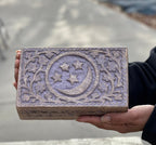 Hand Carved Celestials Star Moon Wooden Box Keepsake Jewelry Storage
