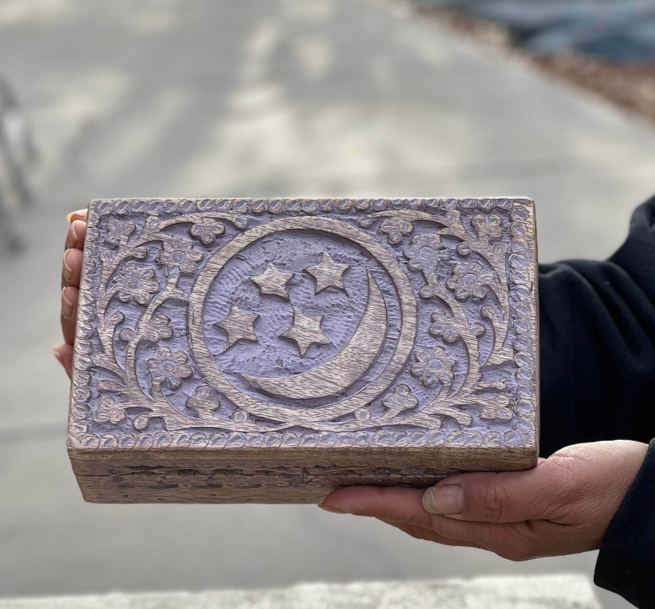 Hand Carved Celestials Star Moon Wooden Box Keepsake Jewelry Storage