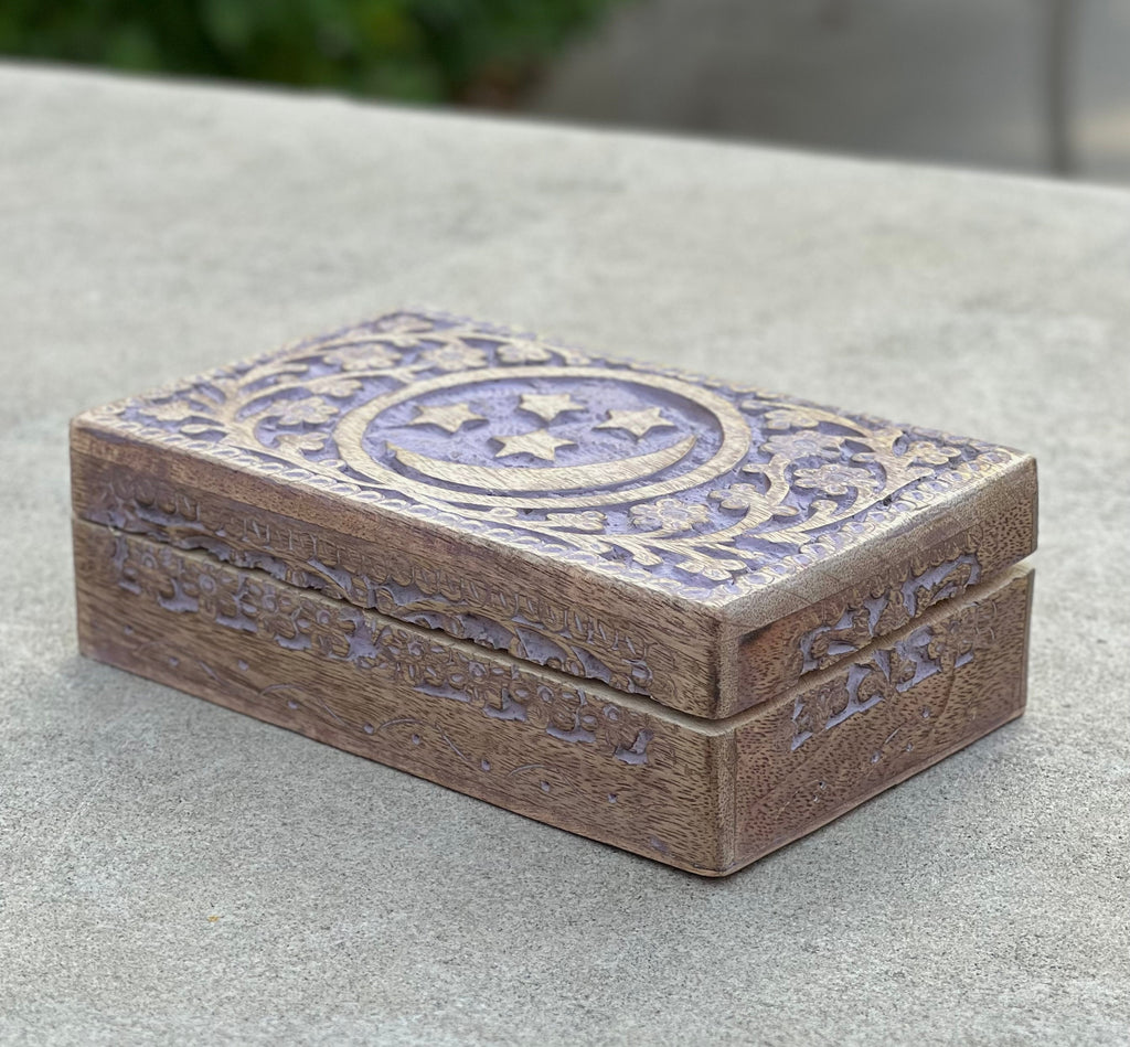 Hand Carved Celestials Star Moon Wooden Box Keepsake Jewelry Storage