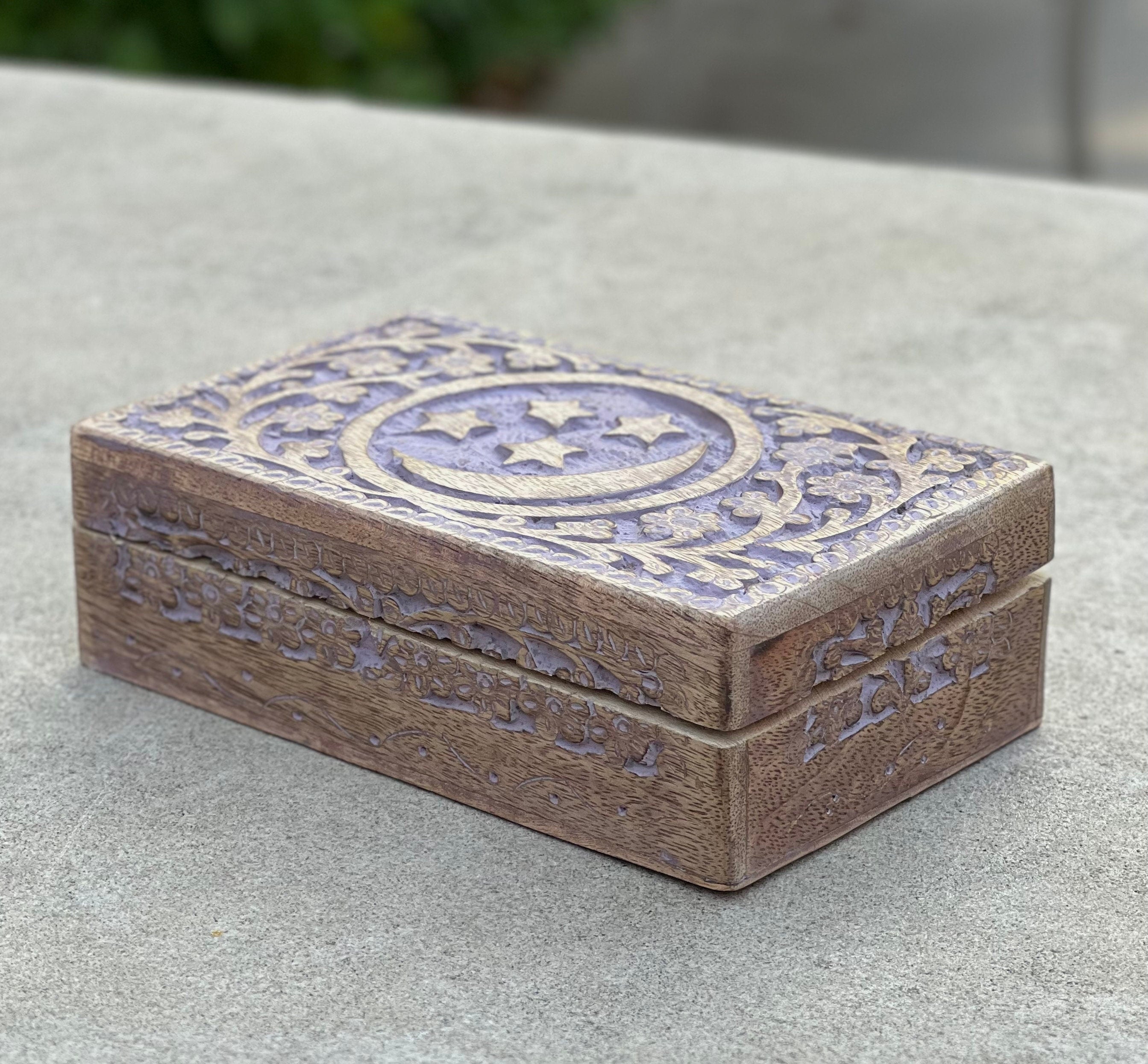 Hand Carved Celestials Star Moon Wooden Box Keepsake Jewelry Storage