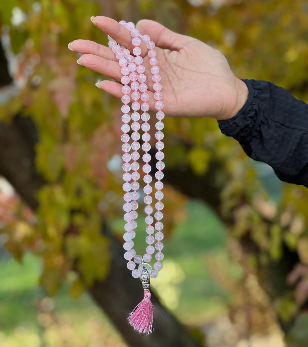 Rose Quartz Mala 108 Beads – Silver Charm Gemstone Meditation & Yoga Prayer Necklace