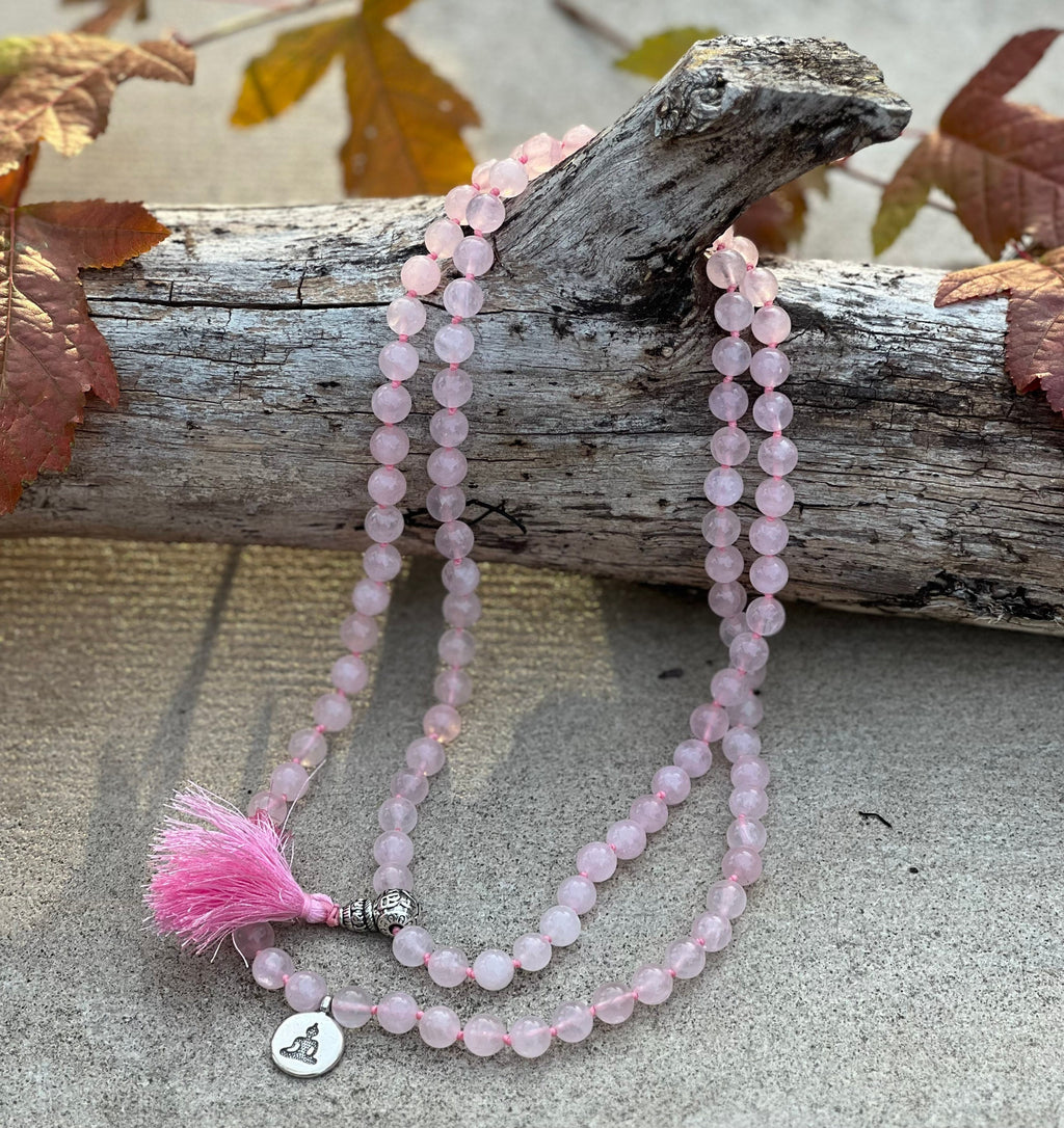 Rose Quartz Mala 108 Beads – Silver Charm Gemstone Meditation & Yoga Prayer Necklace