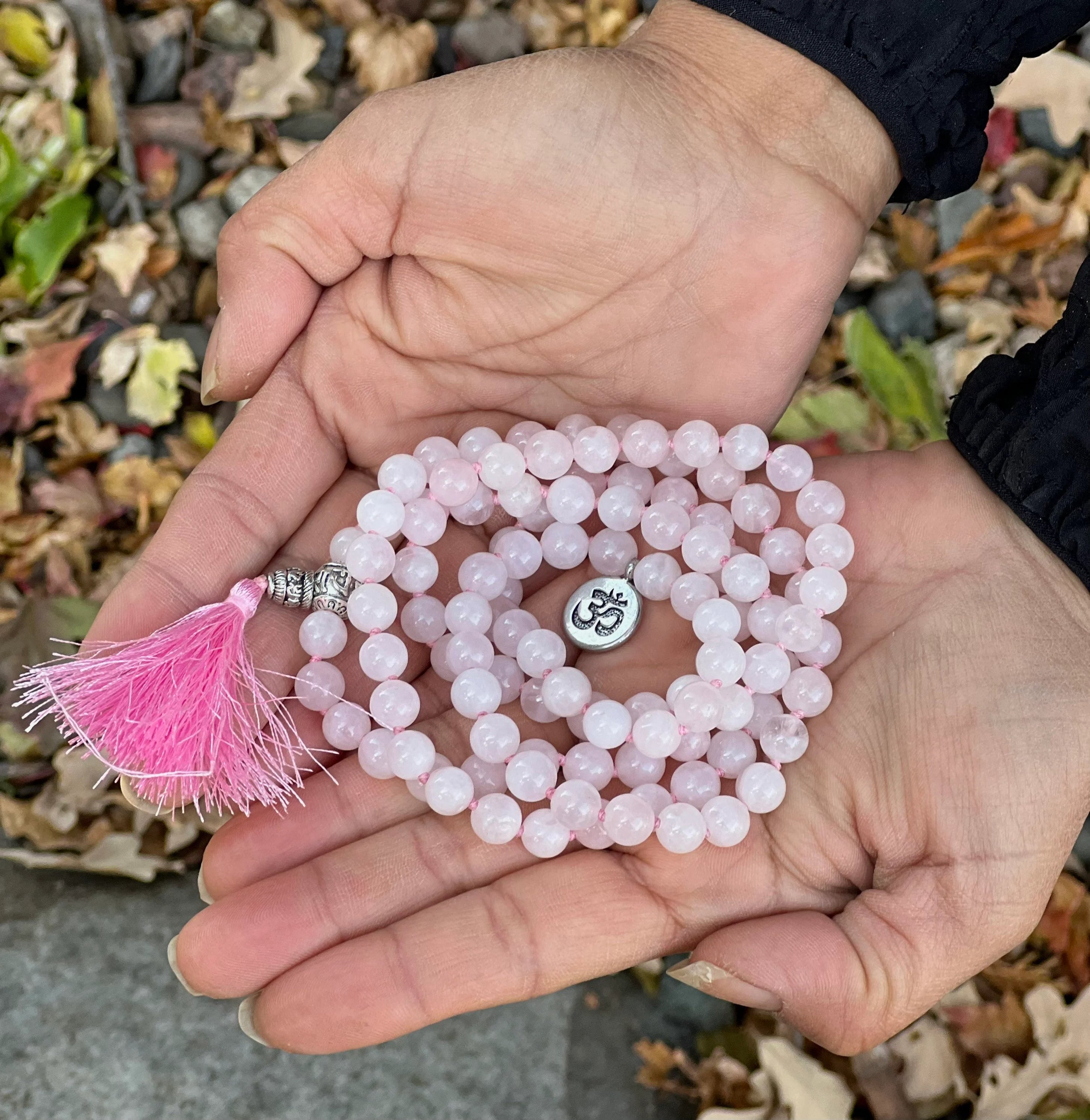 Rose Quartz Mala 108 Beads – Silver Charm Gemstone Meditation & Yoga Prayer Necklace