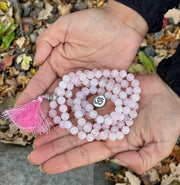 Tibetan Rose Quartz 108 Beads Mala Meditation Yoga With Silver Guru Bead And Silver Spacers