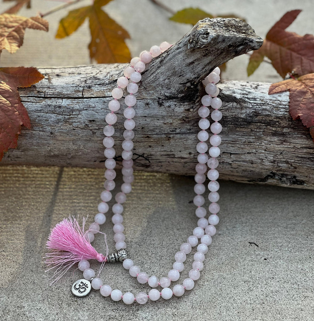 Rose Quartz Mala 108 Beads – Silver Charm Gemstone Meditation & Yoga Prayer Necklace