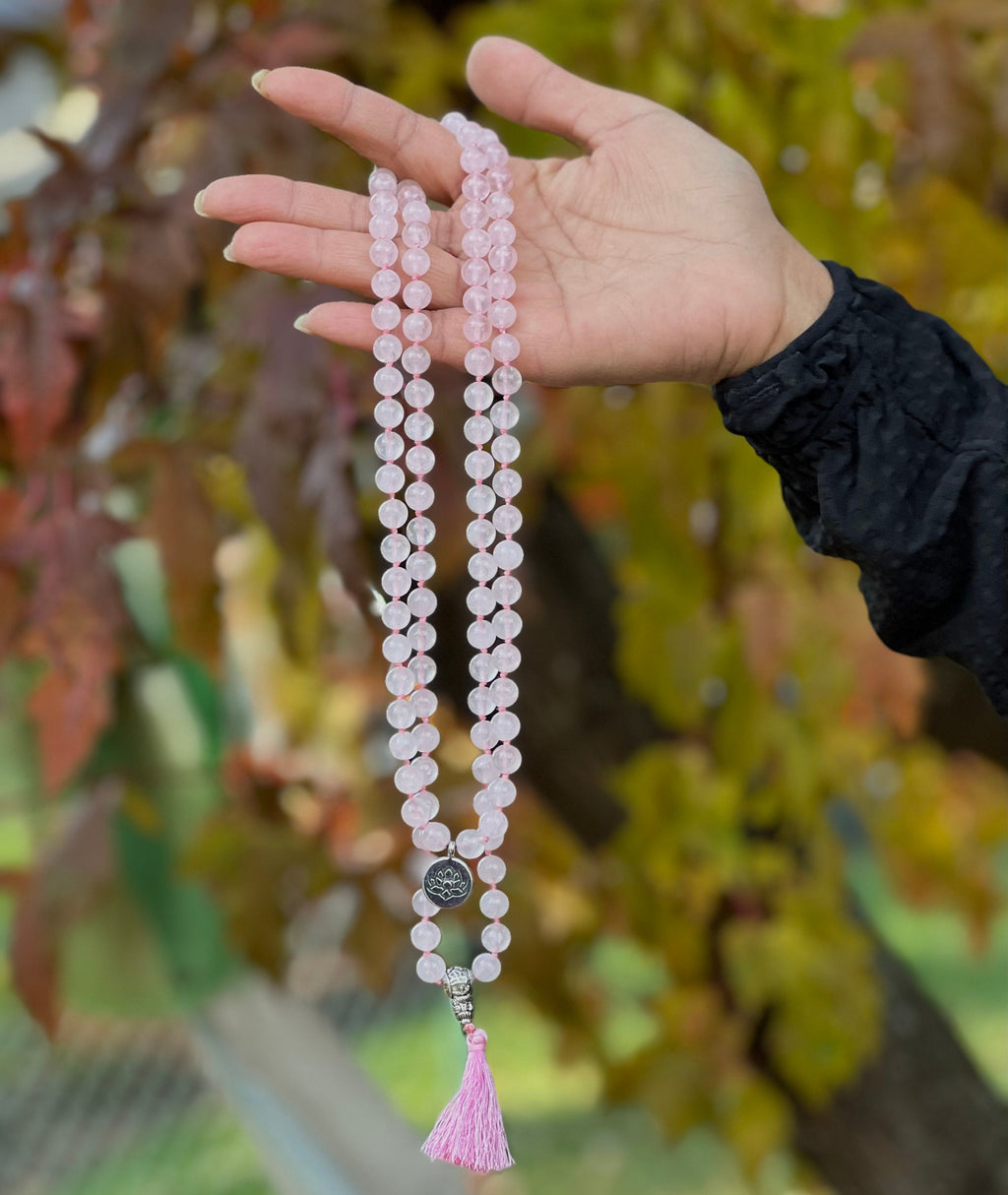 Rose Quartz Mala 108 Beads – Silver Charm Gemstone Meditation & Yoga Prayer Necklace