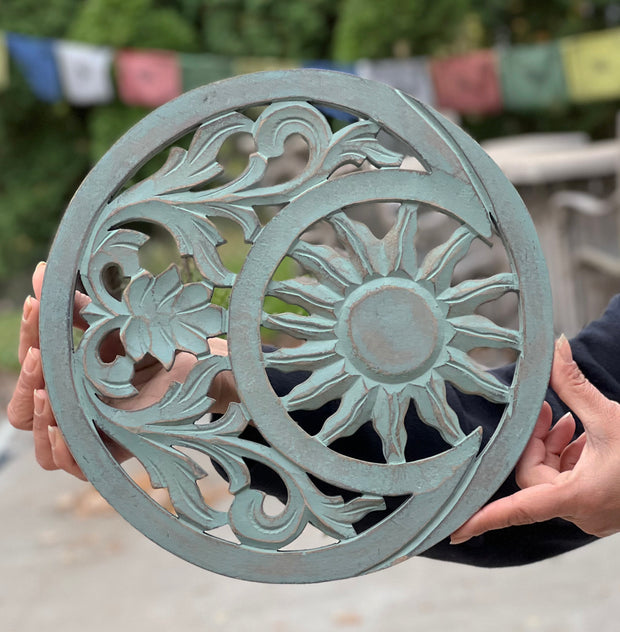 Handcrafted Wooden Celestial Sun Moon Wall Décor Hanging Art
