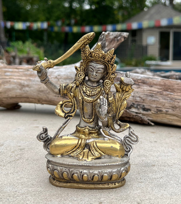 Buddha Manjushri Statue 2 Tone Solid Brass for Home Altar Shrine Meditation Room 5.5 Inches Tall