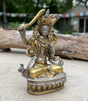 Buddha Manjushri Statue 2 Tone Solid Brass for Home Altar Shrine Meditation Room 5.5 Inches Tall