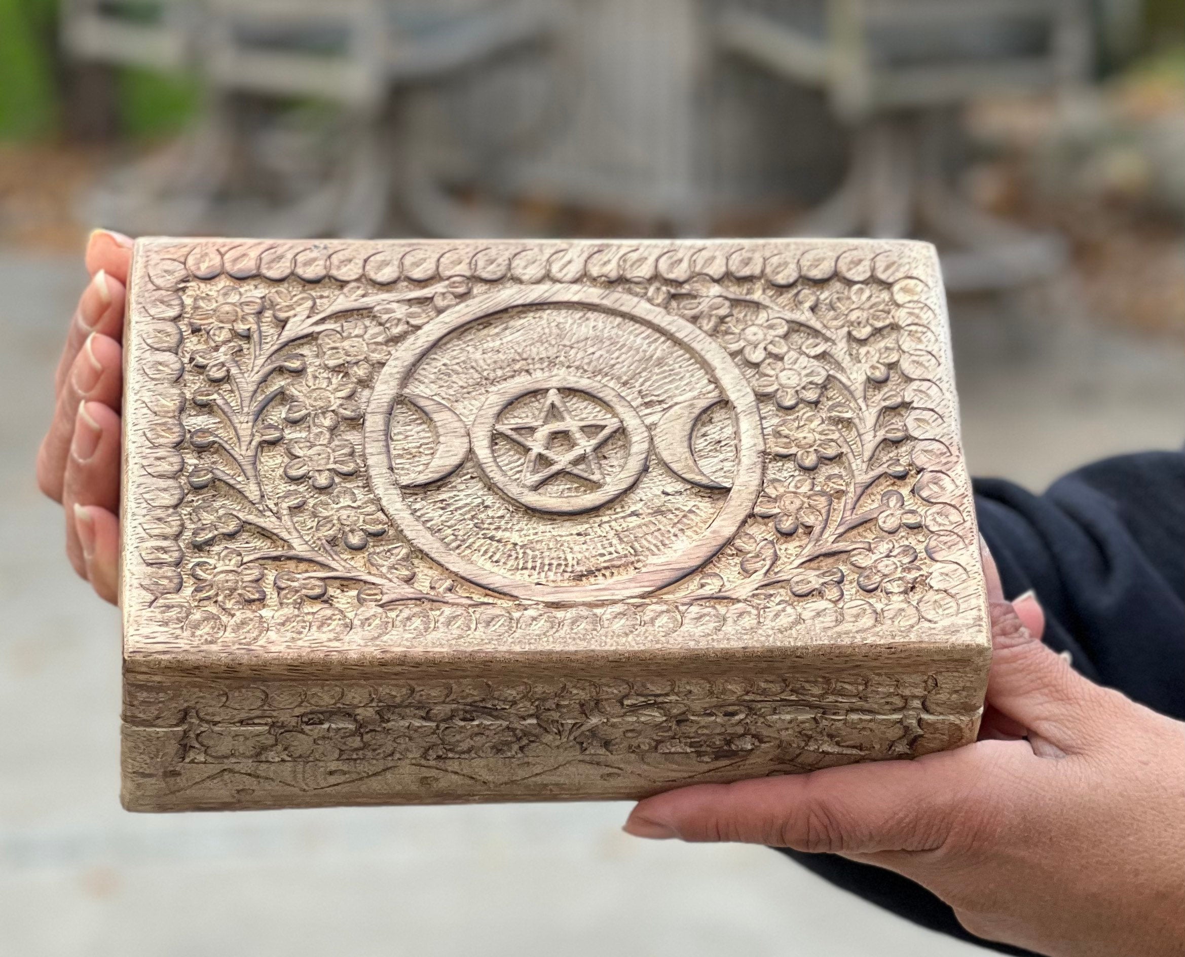 Hand Carved Triple Moon Wooden Box Keepsake Jewelry Storage