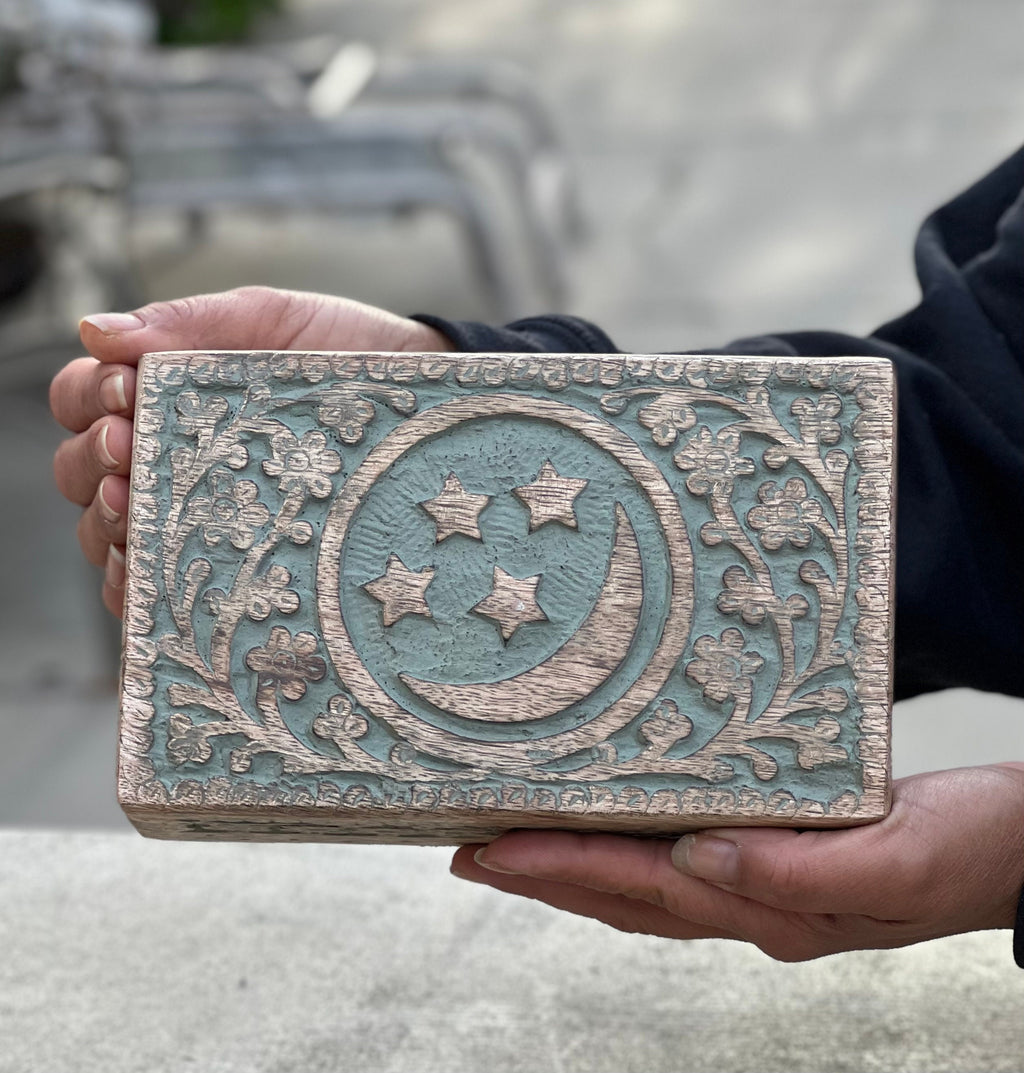 Hand Carved Celestials Star Moon Wooden Box Keepsake Jewelry Storage