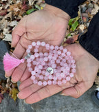 Rose Quartz Mala 108 Beads – Silver Charm Gemstone Meditation & Yoga Prayer Necklace