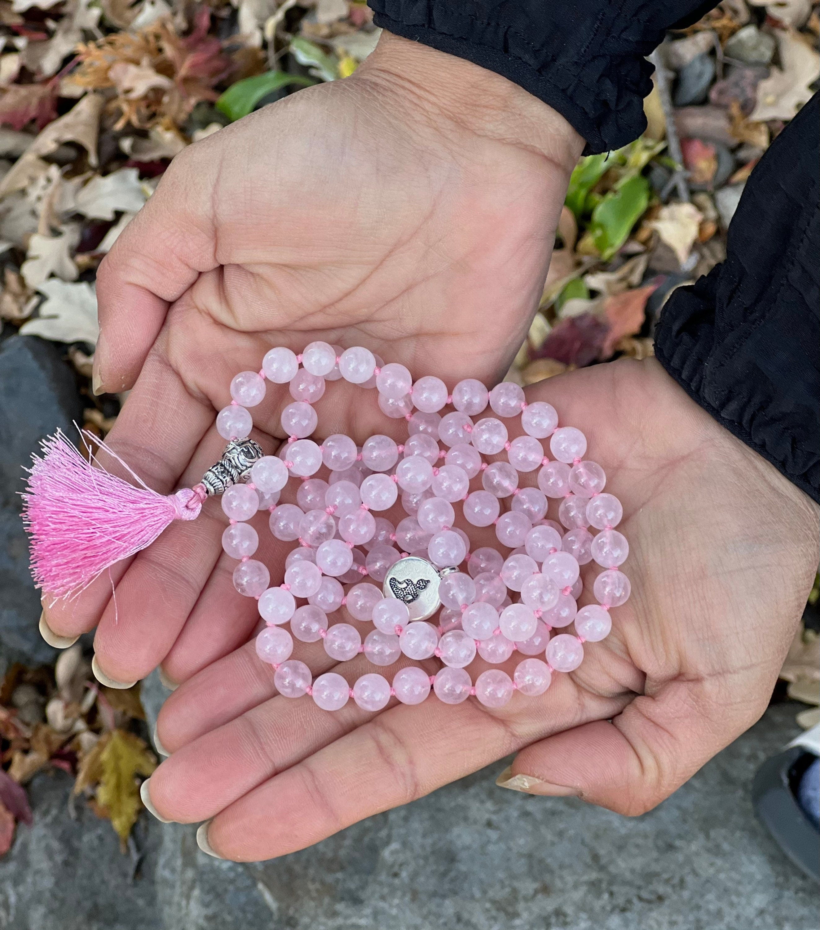 Rose Quartz Mala 108 Beads – Silver Charm Gemstone Meditation & Yoga Prayer Necklace