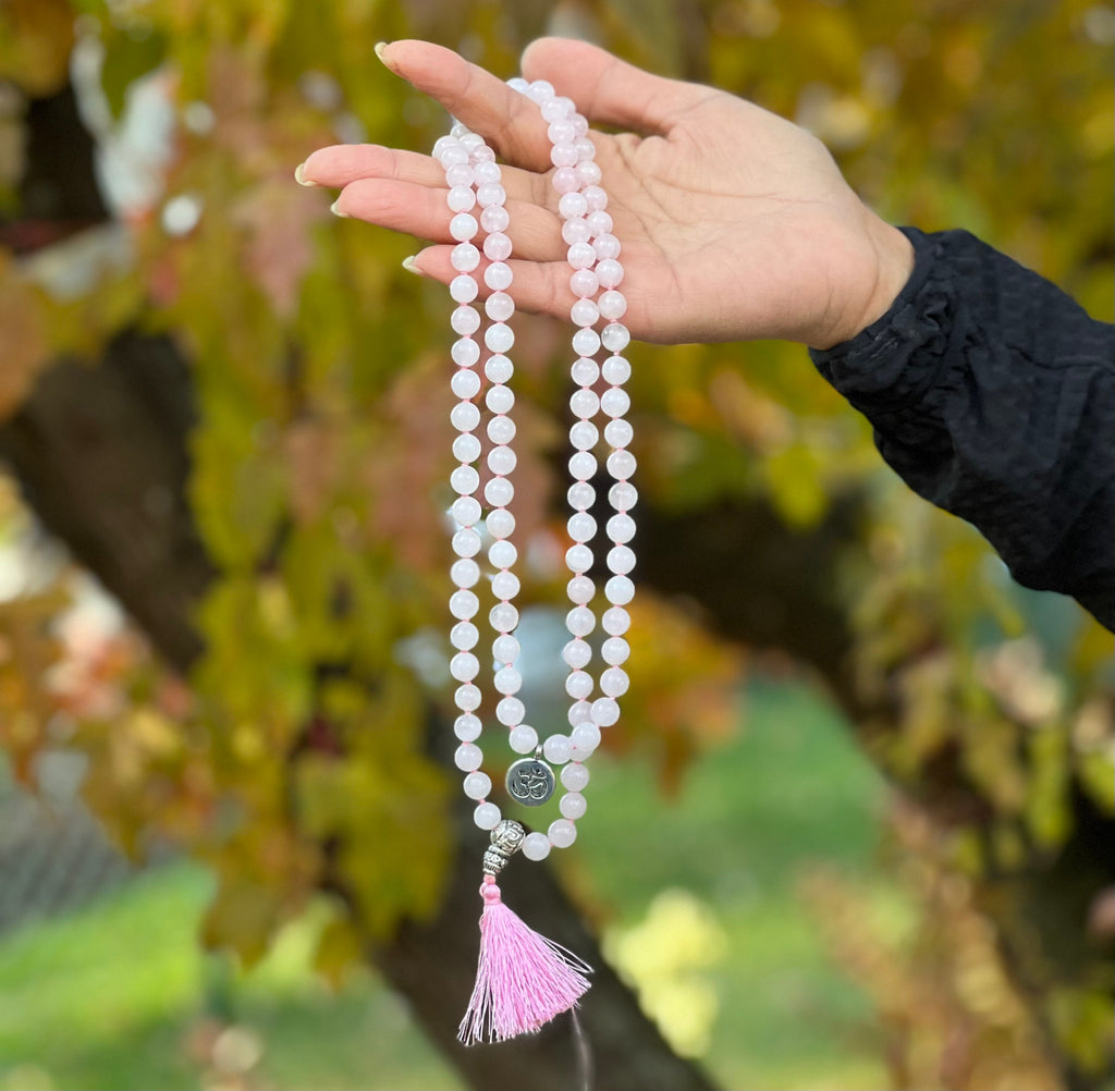 Rose Quartz Mala 108 Beads – Silver Charm Gemstone Meditation & Yoga Prayer Necklace