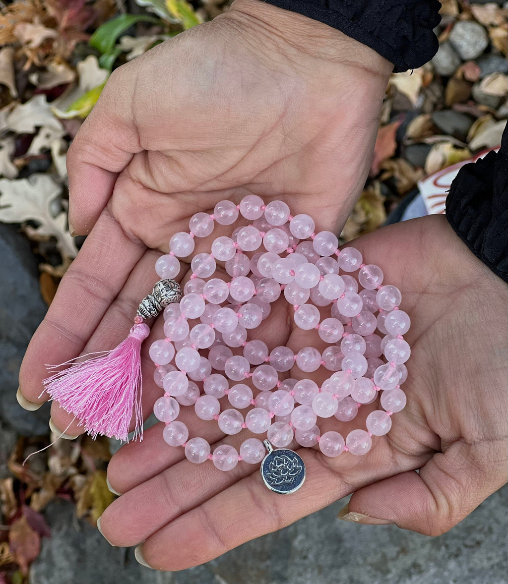 Rose Quartz Mala 108 Beads – Silver Charm Gemstone Meditation & Yoga Prayer Necklace