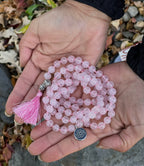 Rose Quartz Mala 108 Beads – Silver Charm Gemstone Meditation & Yoga Prayer Necklace