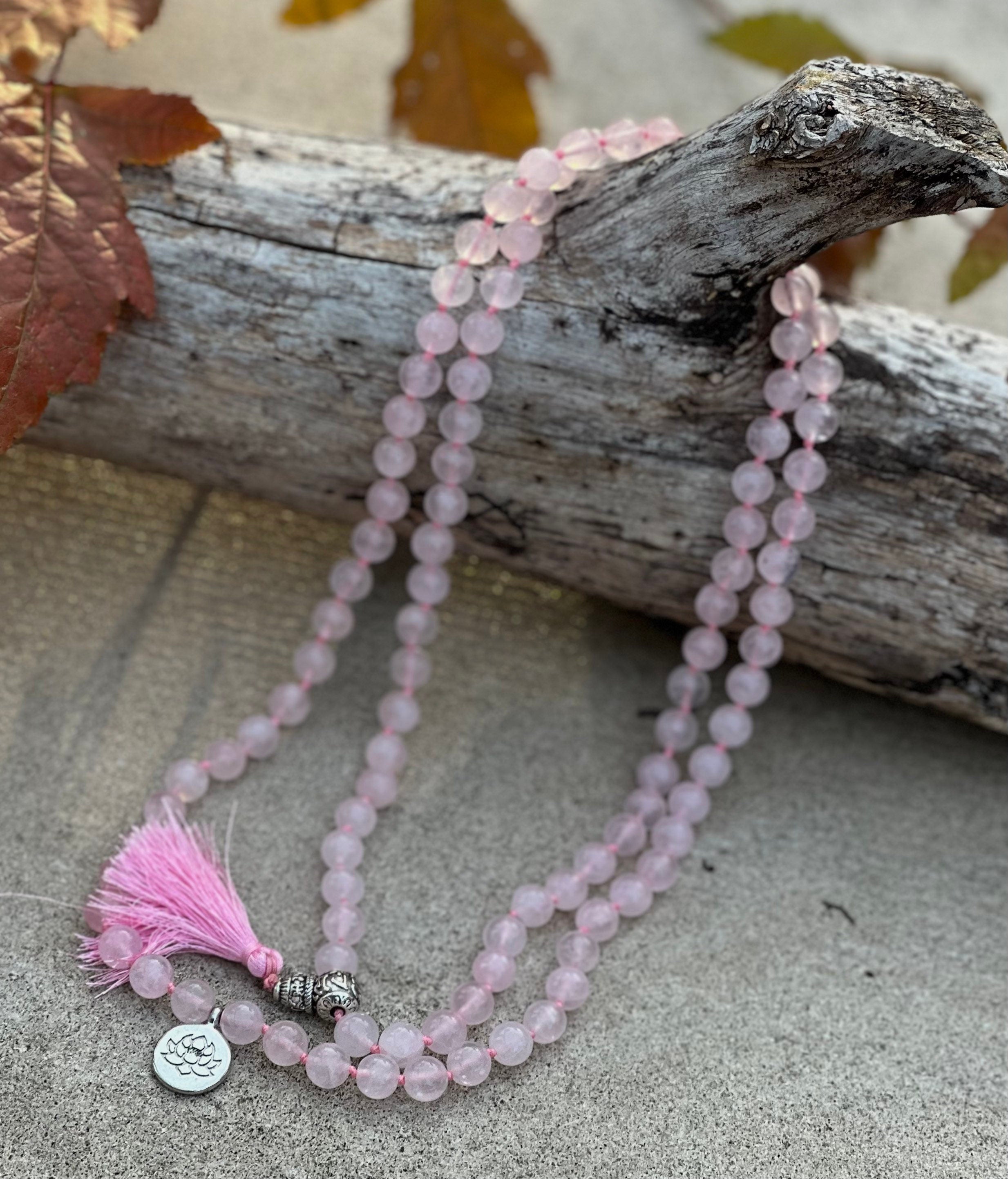 Rose Quartz Mala 108 Beads – Silver Charm Gemstone Meditation & Yoga Prayer Necklace