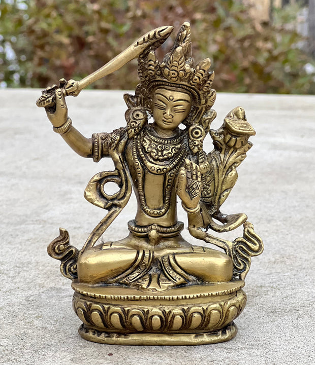 Buddha Manjushri Statue Solid Brass for Home Altar Shrine Meditation Room 5.5 Inches Tall